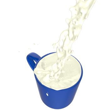 Milk splash in blue mug on white background