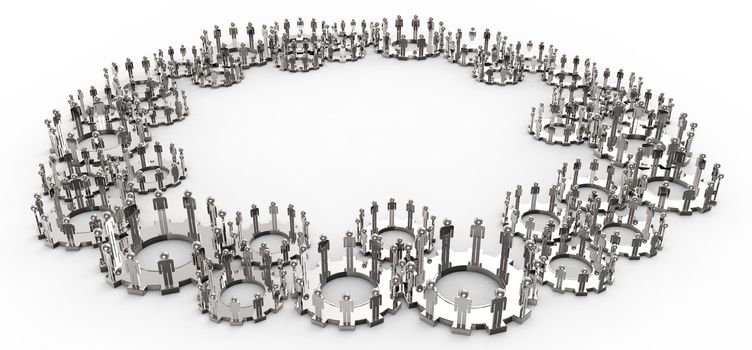 Model of 3d figures on connected cogs as leadership concept