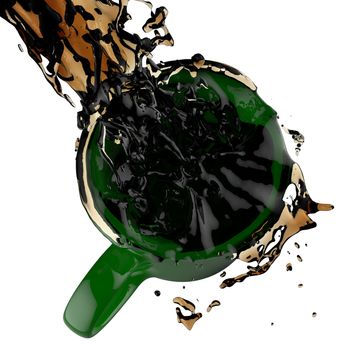 pouring coffee splashing into red mug. 3d on white background