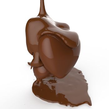 close up chocolate syrup leaking over heart shape symbol on white background