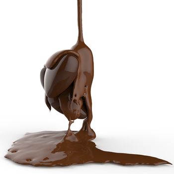 close up chocolate syrup leaking over heart shape symbol on white background