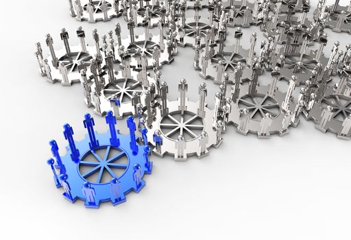 Model of 3d figures on connected cogs as leadership concept