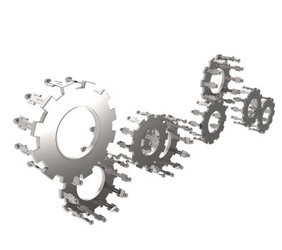 Model of 3d figures on connected cogs as industry concept