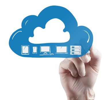 technician hand drawing a Cloud Computing diagram on the new computer interface