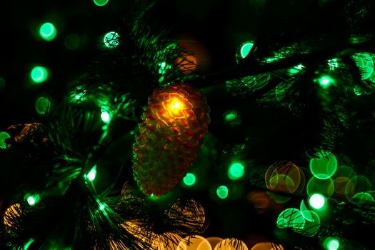 Abstract twinkled bright background with defocused lights. Majestic tree of lights. Fantastic forest. 