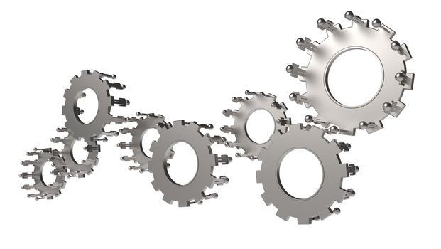 Model of 3d figures on connected cogs as industry concept