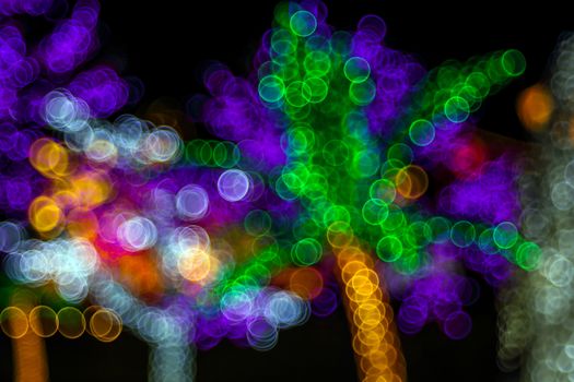Festive abstract background with bubble bokeh defocused lights. Majestic palm tree of lights. Fantastic forest. Copy space.