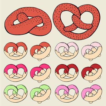 Hand drawn bread colorful. Pretzel icon vector illustration in sketch style. Set, collection