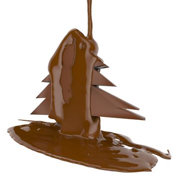 chocolate cocoa flow a christmas tree on white background