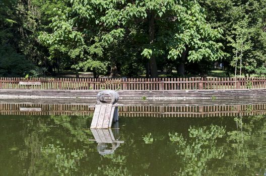 A nesting place for ducks built into the lake in the city garden, Sofia, Bulgaria