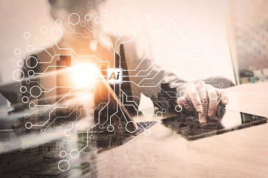 Artificial Intelligence (AI),machine learning with data mining technology on virtual dachboard.Double exposure of success businessman working in office with digital tablet laptop computer with London building.