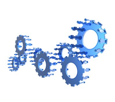 Model of 3d figures on connected cogs as industry concept