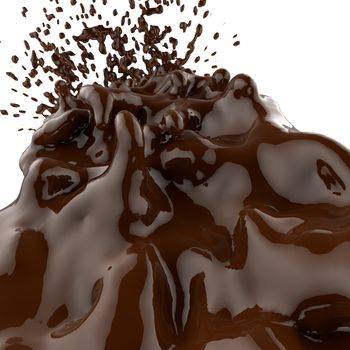 close up splash of brown hot chocolate 3d on white background