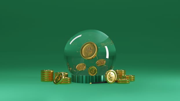 3d magic money, a crystal ball that allows money to flow endlessly like you are a financial wizard. 3d rendering.