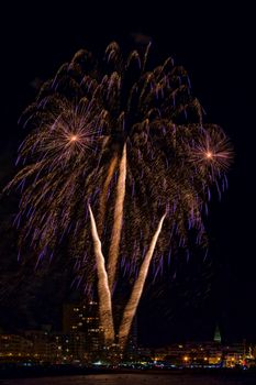 Interesting fireworks over the small town in Spain, Palamos