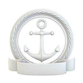 White anchor, ribbon and rope 3D render illustration isolated on white background