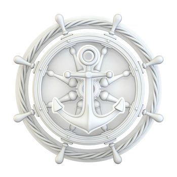 White anchor, ship wheel and rope 3D render illustration isolated on white background