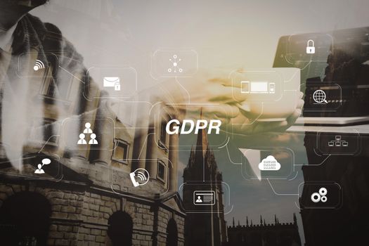 GDPR. Data Protection Regulation with Cyber security and privacy virtual diagram.Double exposure of success businessman hand using smart phone,digital tablet docking smart keyboard,coffee cup.