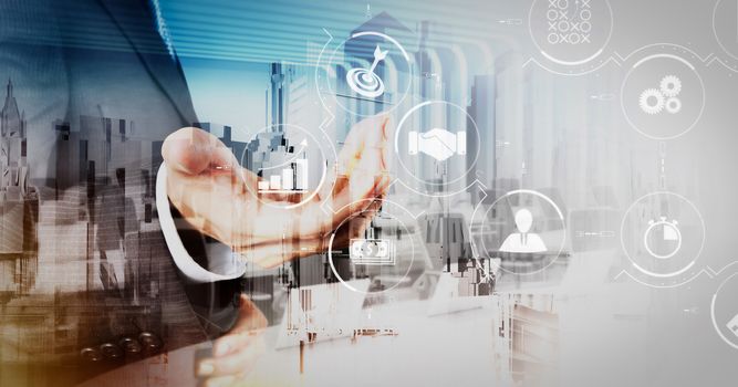 Business process management with workflow automation diagram and gears in virtual flowchart.businessman and abstract city as concept