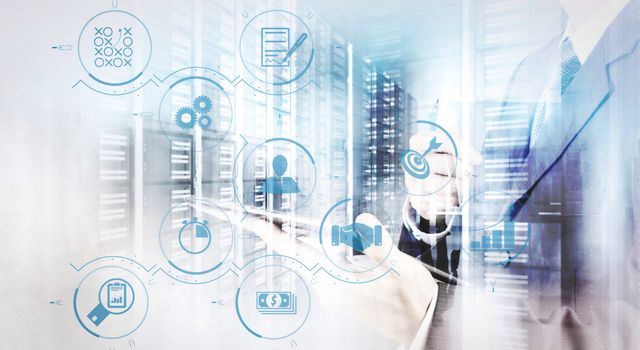 Business process management with workflow automation diagram and gears in virtual flowchart.businessman shows modern technology as concept