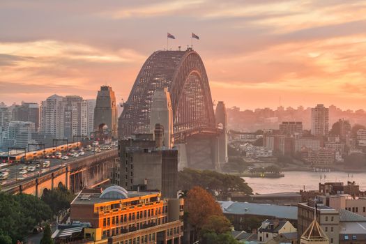 Downtown Sydney skyline in Australia from top view at twilight 