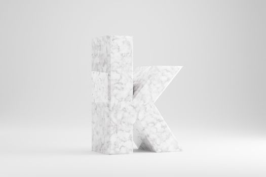 Marble 3d letter K lowercase. White marble letter isolated on white background. Glossy marble stone alphabet. 3d rendered font character.