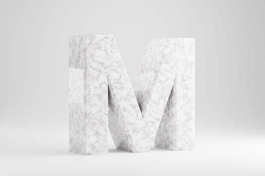 Marble 3d letter M uppercase. White marble letter isolated on white background. Glossy marble stone alphabet. 3d rendered font character.
