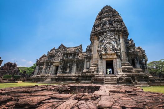 Front view of Prasat Hin Rock castle in Phimai Historical Park Nakonratchasima