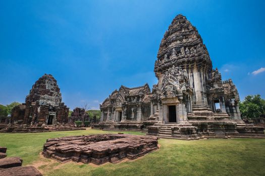 Front view of Prasat Hin Rock castle in Phimai Historical Park Nakonratchasima