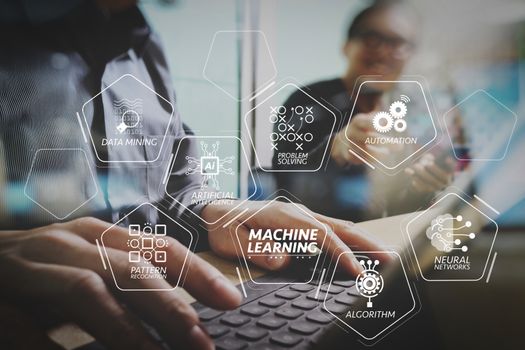 Machine learning technology diagram with artificial intelligence (AI),neural network,automation,data mining in VR screen.Team brainstorming task. Photo young creative managers crew working with new startup project.