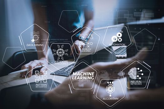 Machine learning technology diagram with artificial intelligence (AI),neural network,automation,data mining in VR screen.