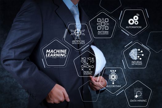 Machine learning technology diagram with artificial intelligence (AI),neural network,automation,data mining in VR screen.success engineer standing with texture background