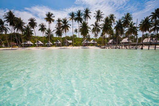 Beach at ocean in Tropicana under clear sky and palm tree located east of Thailand