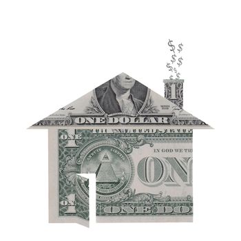 A house shape made from dollar bills with dollar signs rising from chimney symbolizing the housing crisis.