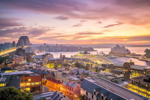 Downtown Sydney skyline in Australia from top view at twilight 