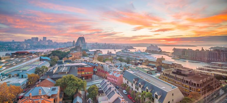 Downtown Sydney skyline in Australia from top view at twilight 