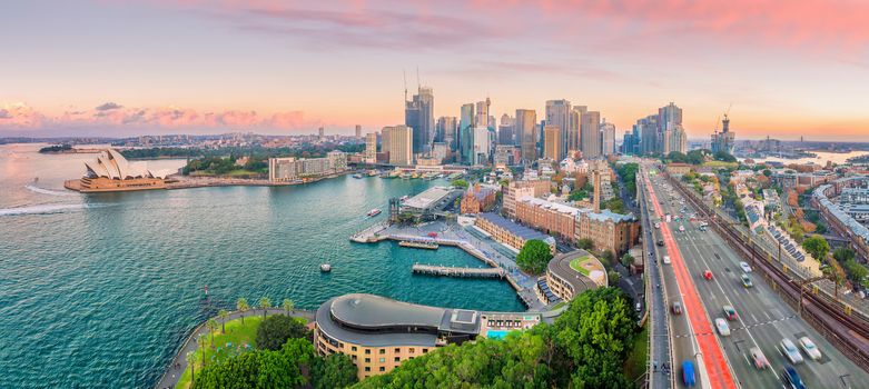 Downtown Sydney skyline in Australia from top view at twilight 