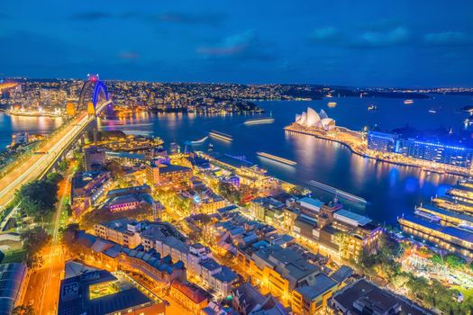 Downtown Sydney skyline in Australia from top view at twilight 