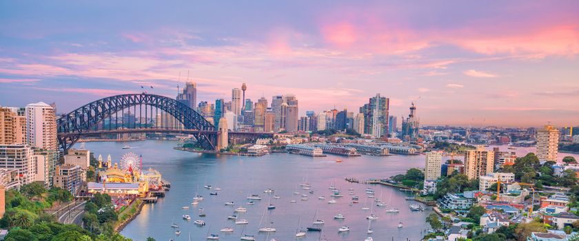 Downtown Sydney skyline in Australia from top view at twilight 