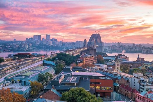 Downtown Sydney skyline in Australia from top view at twilight 