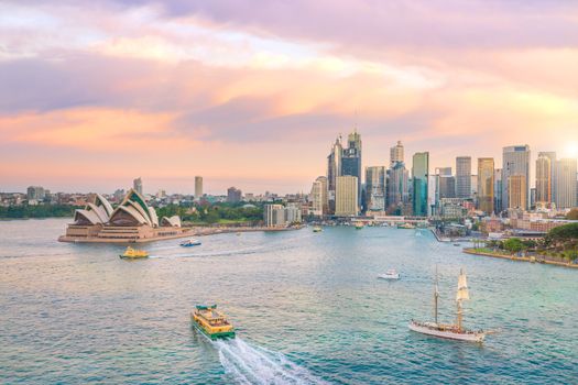 Downtown Sydney skyline in Australia from top view at twilight 