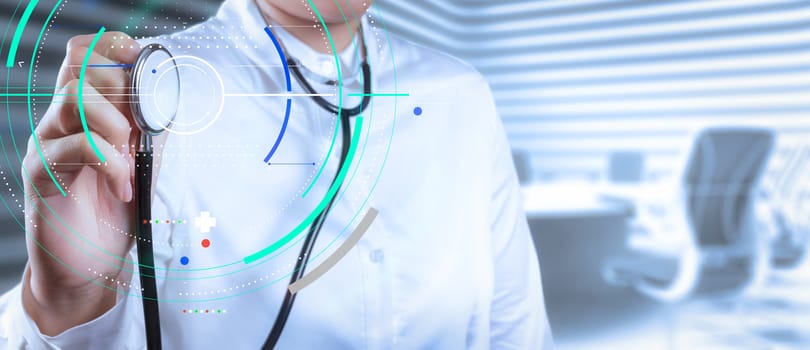 Accurate diagnosis appropriate treatment medical concept.Doctor with a stethoscope in the hands on borad room background