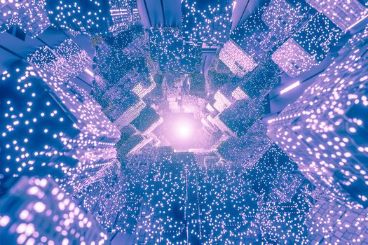 abstract digital Futuristic Sci-Fi background, big data, computer hardware, network, blue neon light, 3d model and illustration.