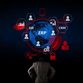 Architecture of ERP (Enterprise Resource Planning) system with connections between business intelligence (BI), production, CRM modules and HR diagram.businessman looking at 3d world with padlock as Internet security.