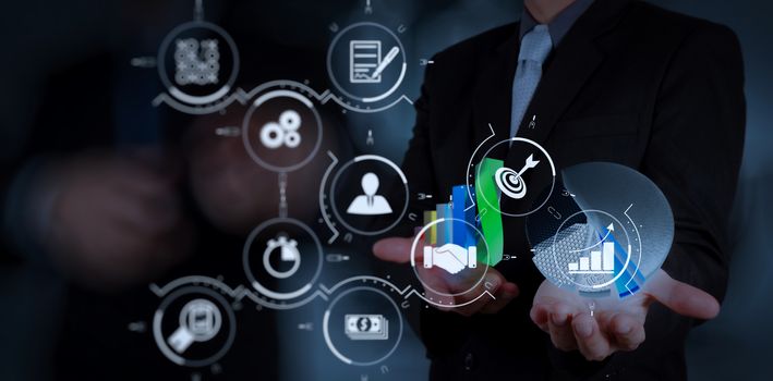 Business process management with workflow automation diagram and gears in virtual flowchart.businessman hand working with new modern computer and business strategy as concept