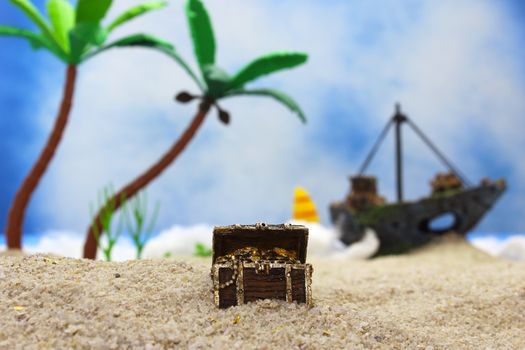 Pirate Treasure on Tropical Beach With Palm Trees