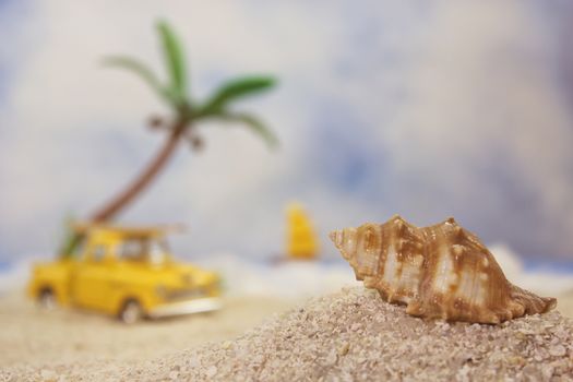 Seashell on Tropical Beach With Vintage Hot Rod in Background
