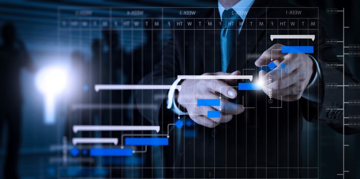 Project manager working and update tasks with milestones progress planning and Gantt chart scheduling diagram.Businessman hand pressing an imaginary button on virtual screen.