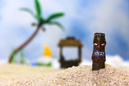 Tiki Statue on Tropical Beach Shallow DOF