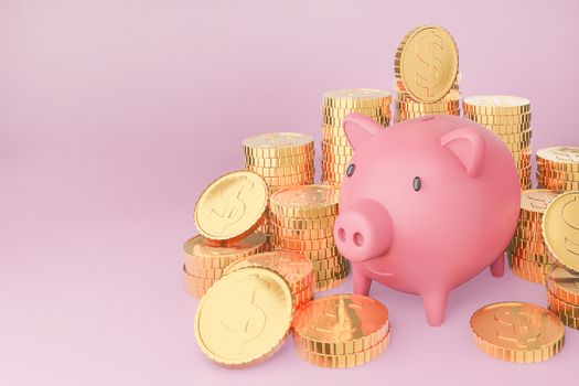 Pink piggy bank and many Golden coins tower on pastels background.3d model and illustration.
